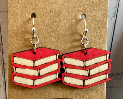 Wooden Engraved Dangle Earrings - Book Stack (One Pair)