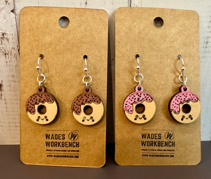 Wooden Engraved Dangle Earrings - Donut (One Pair)