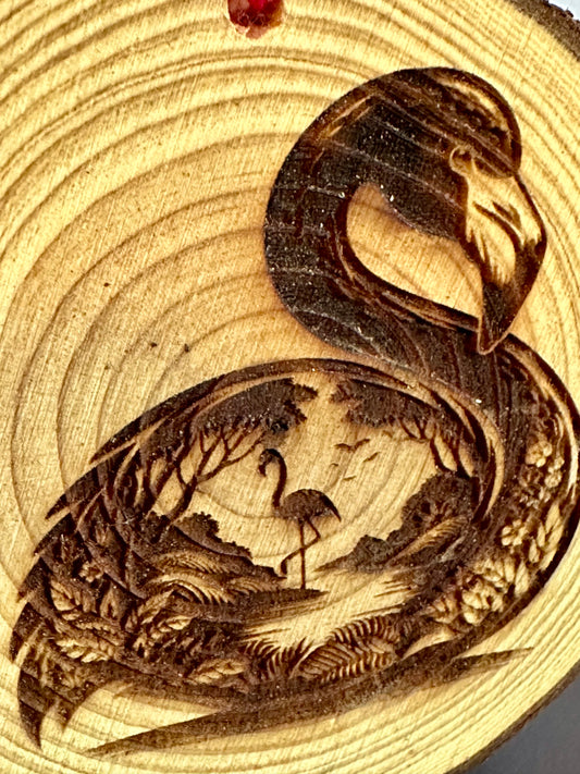 Engraved Live Edge Wooden Round Ornament - Flamingo with Inner Wilderness Scene