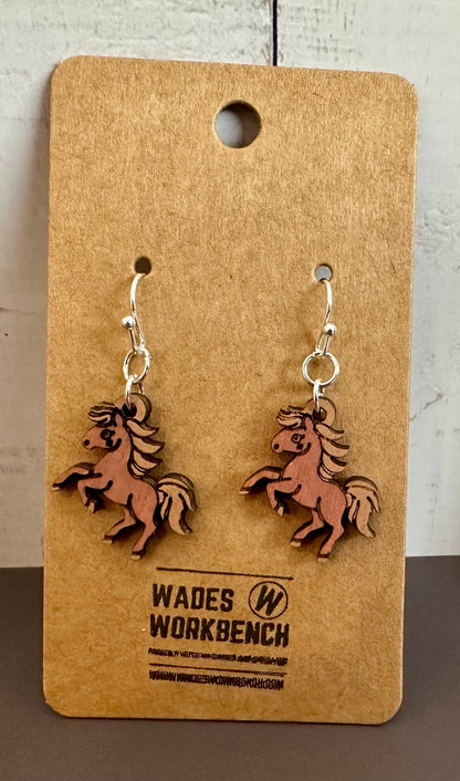 Wooden Engraved Dangle Earrings - Horse