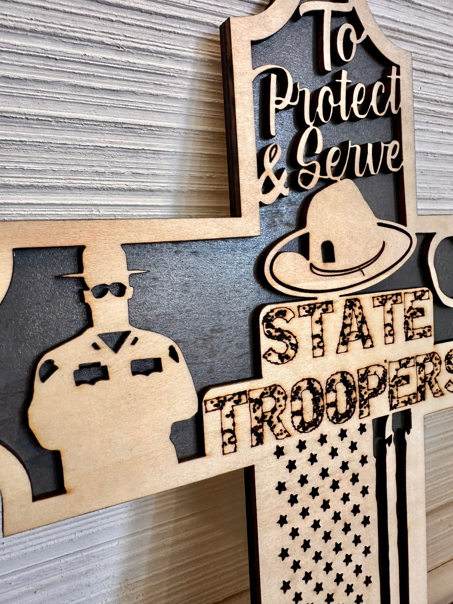 3D Layered and Engraved Wood Cross - State Trooper