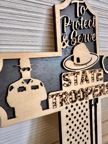 3D Layered and Engraved Wood Cross - State Trooper