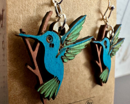 Wooden Engraved Dangle Earrings - Hummingbird