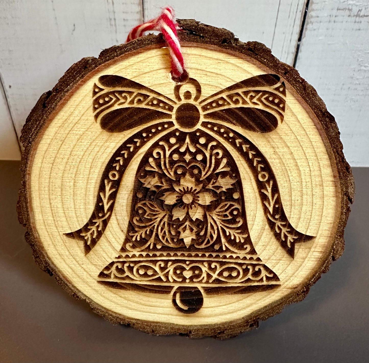 Engraved Live Edge Wooden Round Ornament - Ornate Christmas Bell