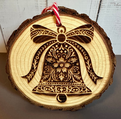 Engraved Live Edge Wooden Round Ornament - Ornate Christmas Bell