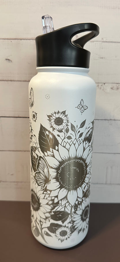 40oz. Insulated Water Bottle with Collapsible Straw Lid - White, Sunflowers