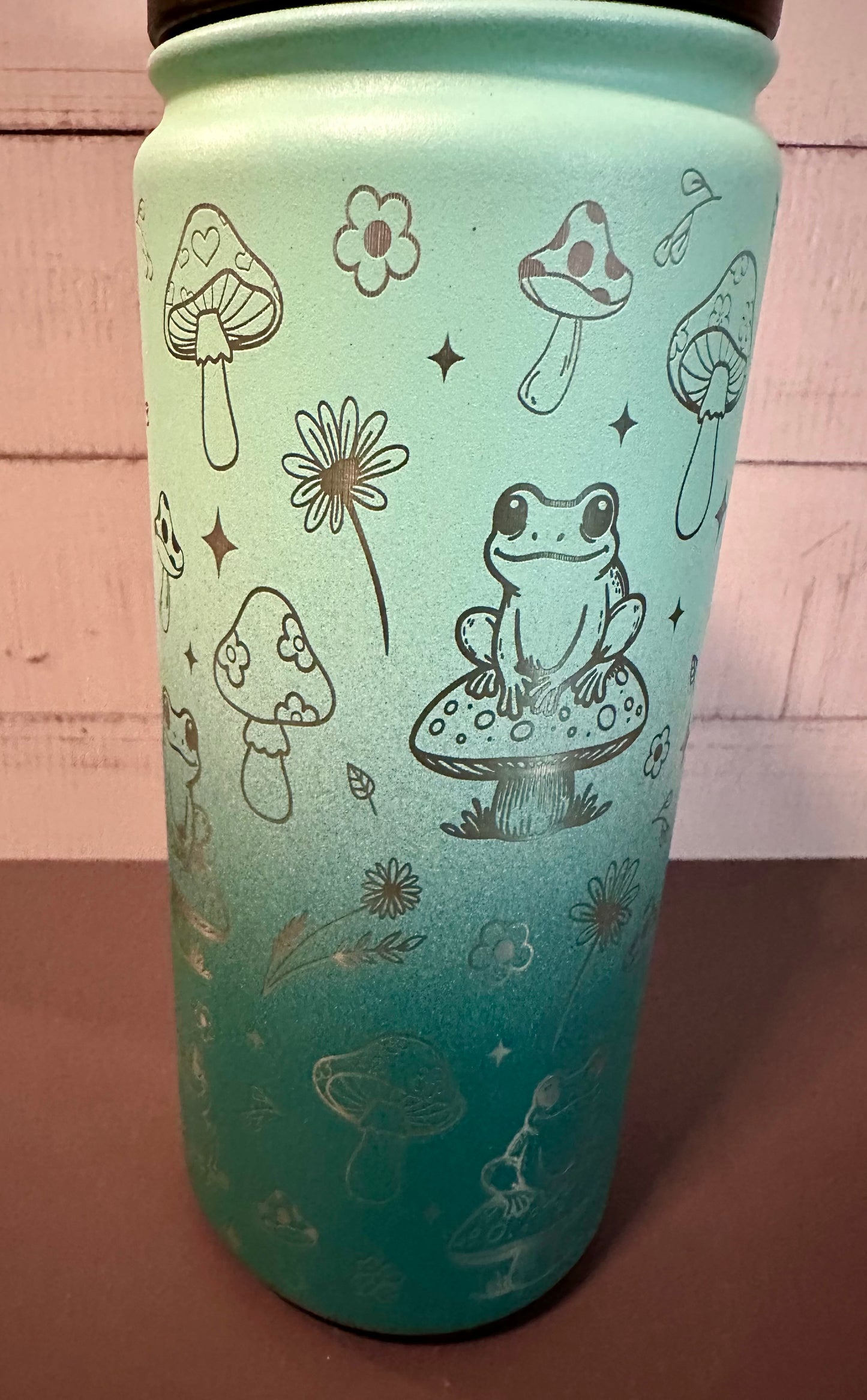 16oz. Insulated Water Bottle with Straw Lid - Varigated Teal Ombré, Frogs and Toadstools