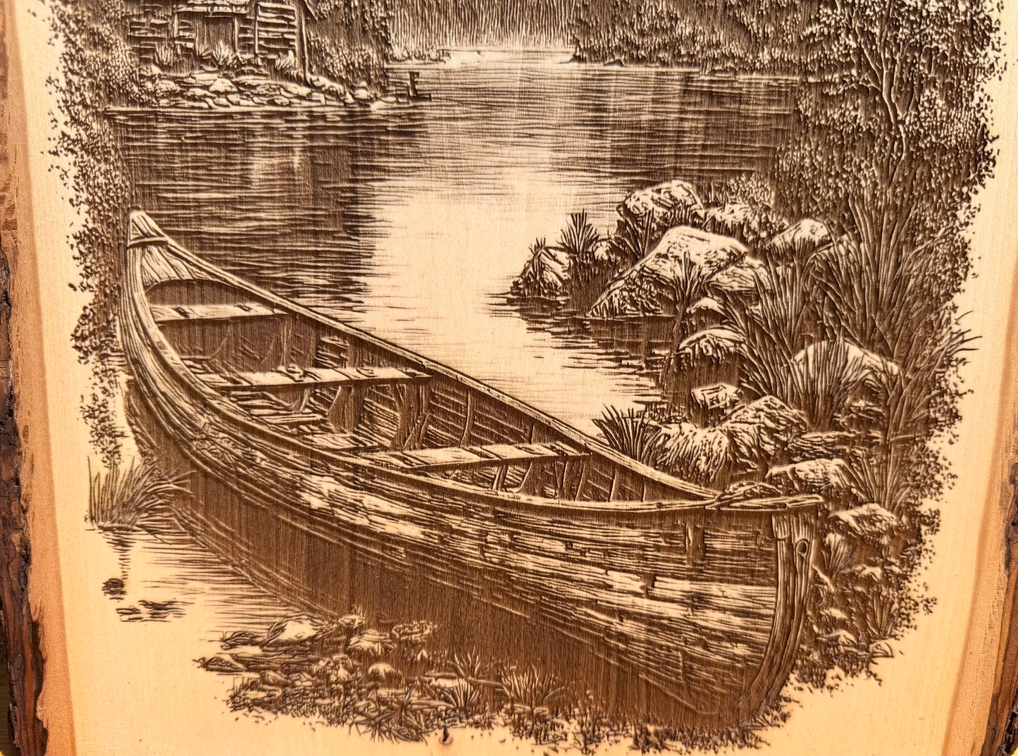 Plaque Live Edge Rectangular - Eagle Above Cabin and Canoe