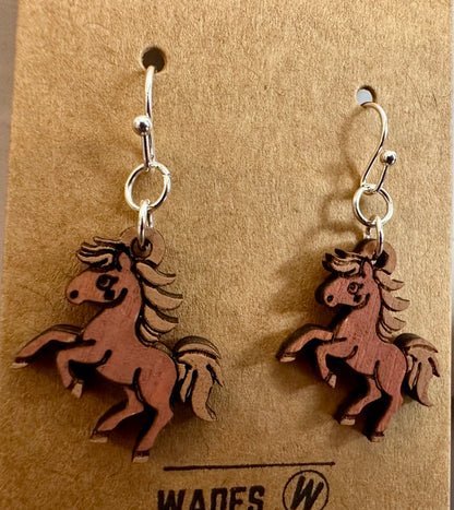 Wooden Engraved Dangle Earrings - Horse
