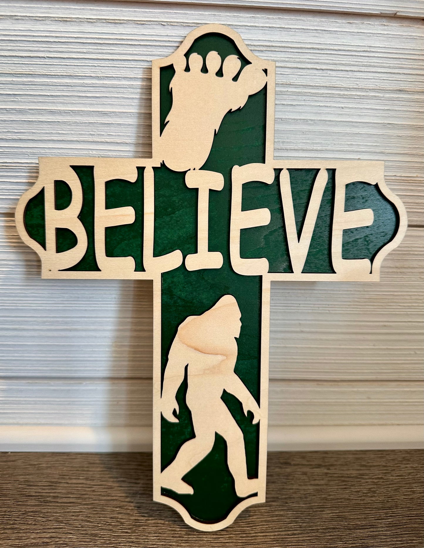 3D Layered and Engraved Wood Cross - Bigfoot Believe