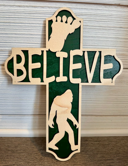 3D Layered and Engraved Wood Cross - Bigfoot Believe