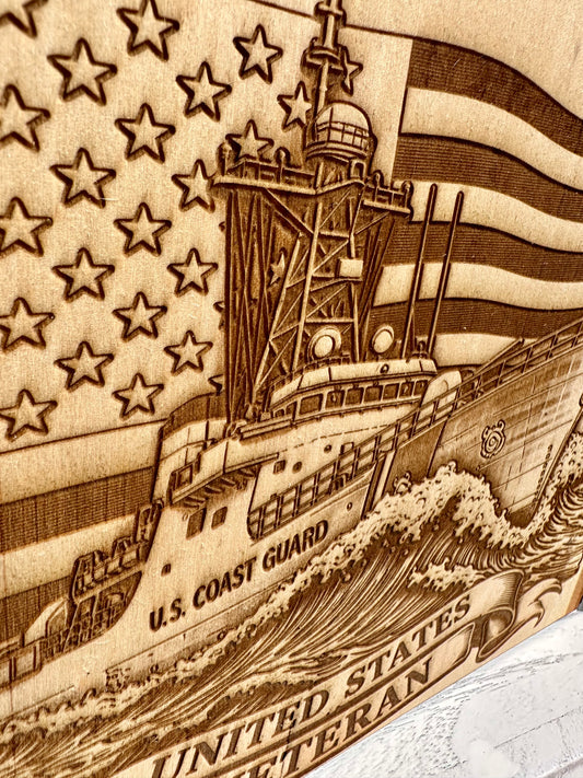 Military Coast Guard Seal, Flag, and Cutter Live Edge Rectangular Plaque