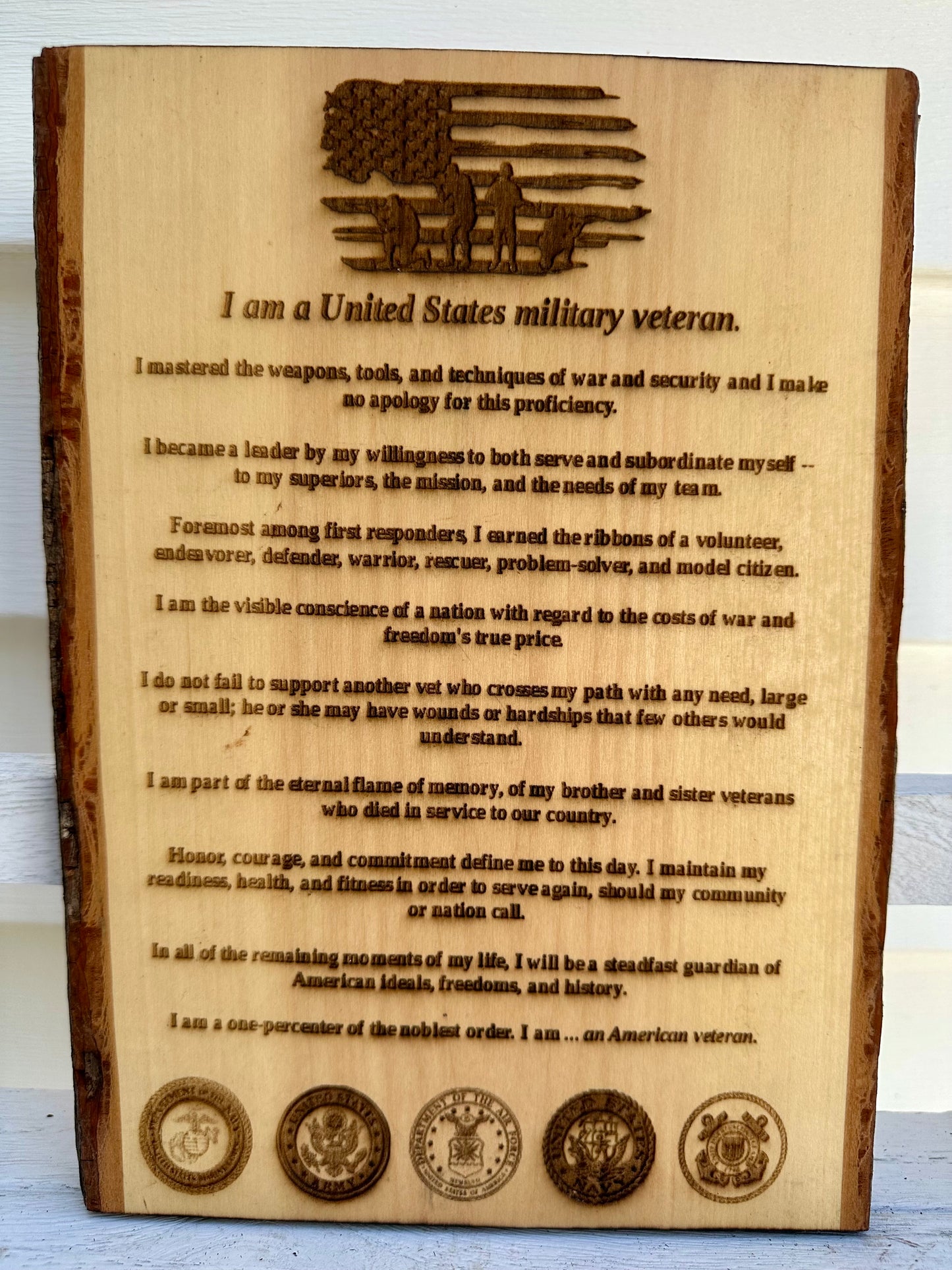 “I am a United States Military Veteran” Live Edge Rectangular Plaque