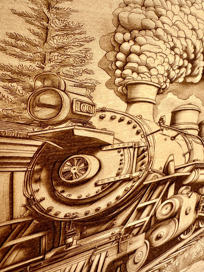 Steam Train in Station Live Edge Rectangular Plaque