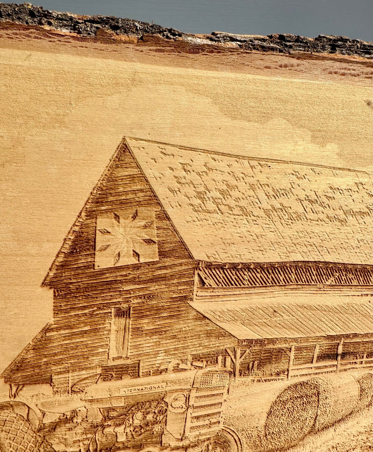 Barn with Quilt Square and Tractor Live Edge Rectangular Plaque