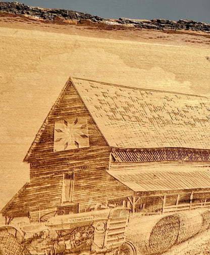 Barn with Quilt Square and Tractor Live Edge Rectangular Plaque