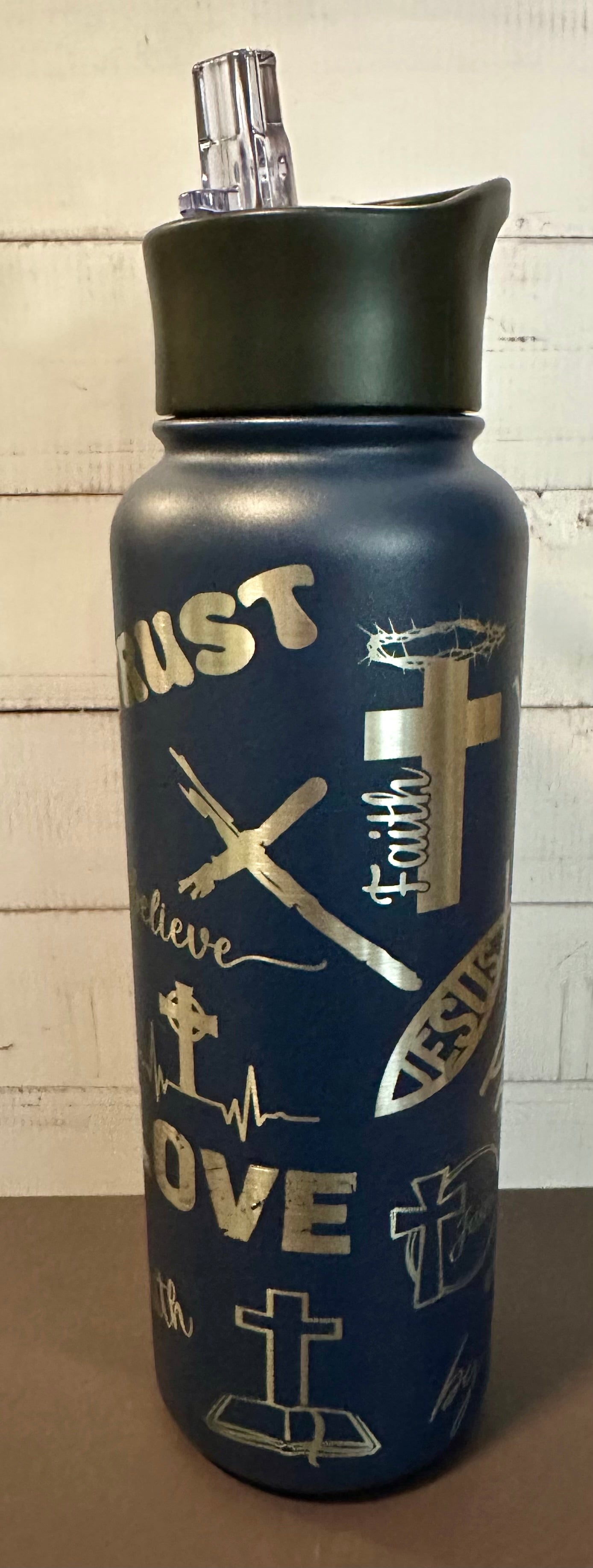 40oz. Insulated Water Bottle with Collapsible Straw Lid - Navy, Faith Collage