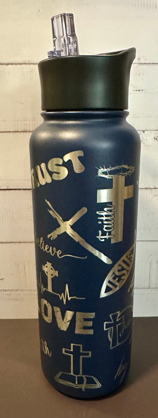 40oz. Insulated Water Bottle with Collapsible Straw Lid - Navy, Faith Collage