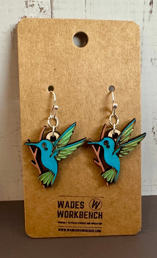 Wooden Engraved Dangle Earrings - Hummingbird