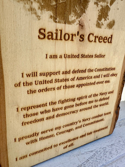 Military Sailor’s Creed with Naval Ship Live Edge Rectangular Plaque
