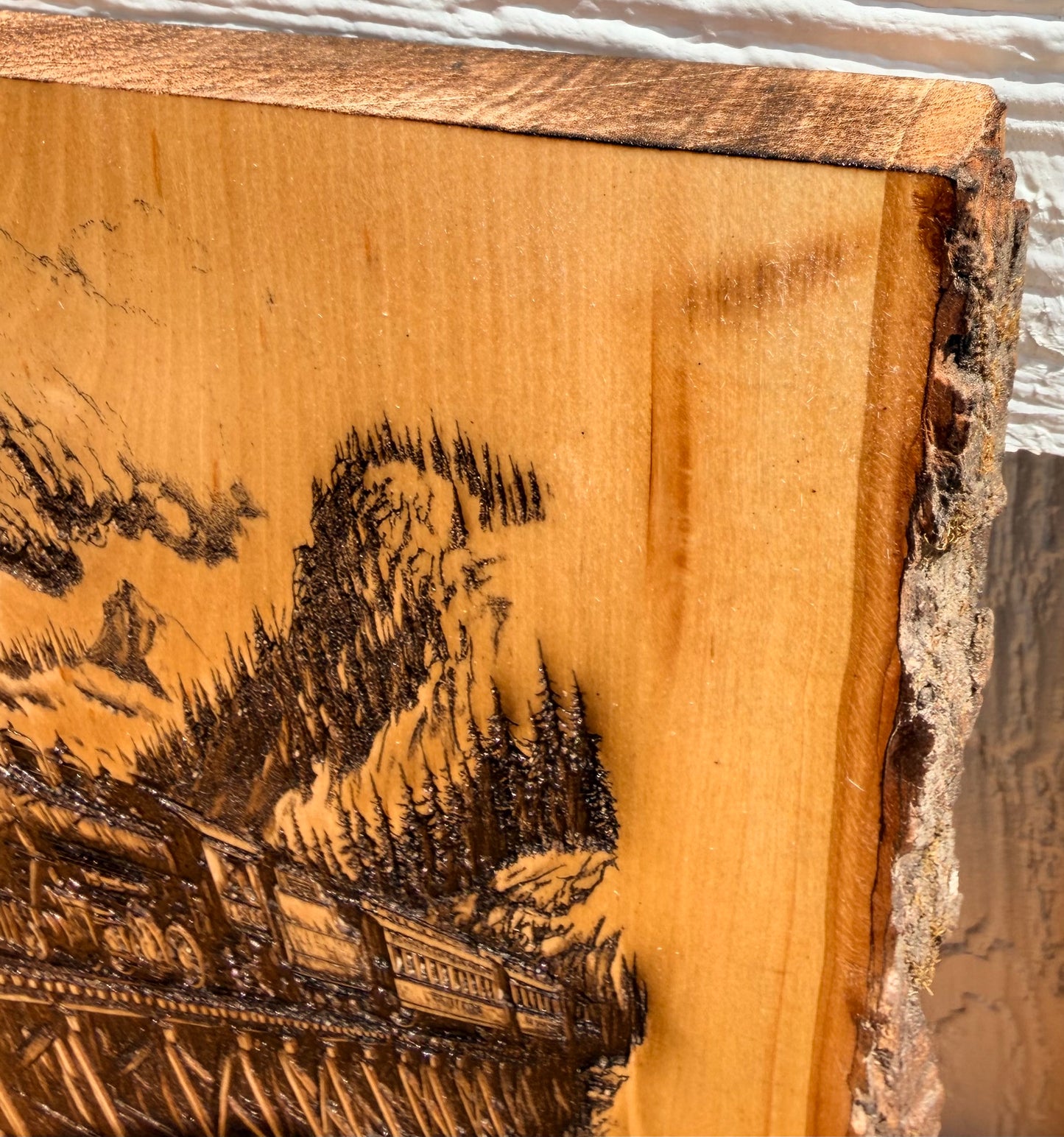 Plaque Live Edge Rectangular - Train on Trestle Bridge