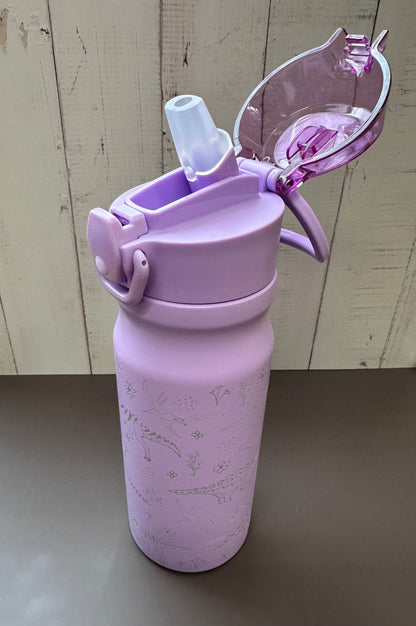 16oz. Insulated Water Bottle with Straw Lid and Built in Lid Handle - Purple with Dinosaurs