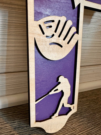 3D Layered and Engraved Wood Cross - Baseball