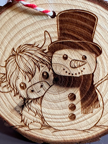 Engraved Live Edge Wooden Round Ornament - Highland Coo and Snowman