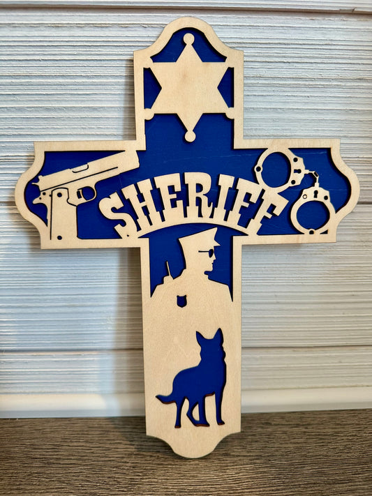 3D Layered and Engraved Wood Cross - Sheriff