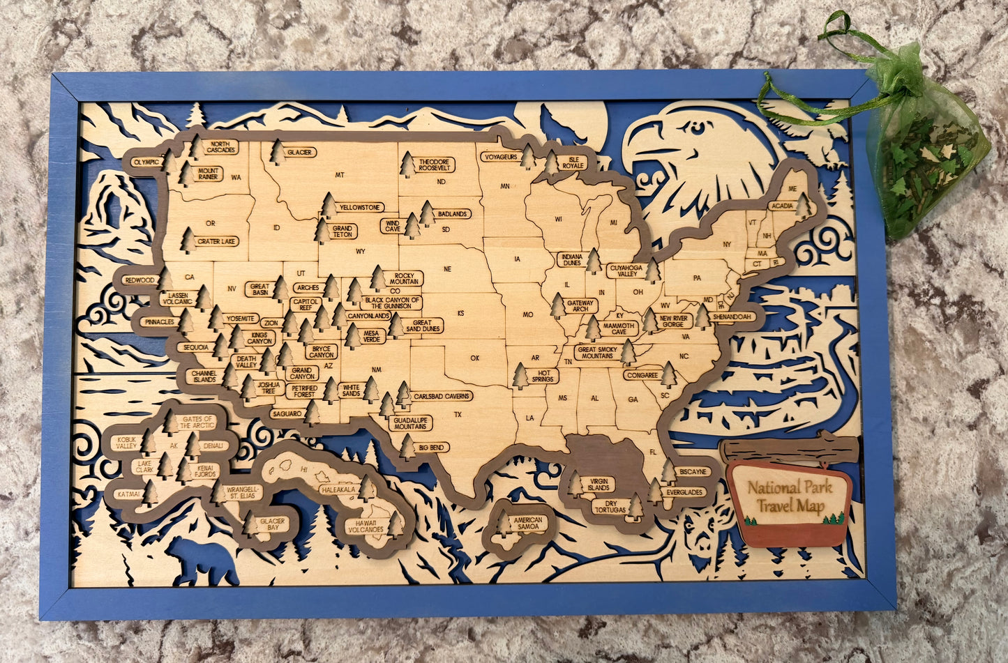 3D National Park Map Visit Tracker - Blue Wildlife