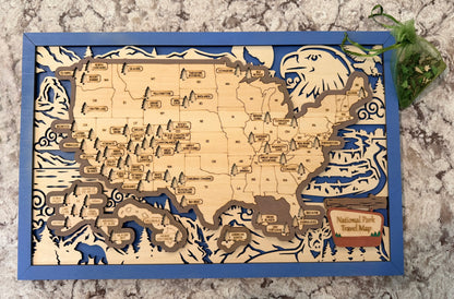 3D National Park Map Visit Tracker - Blue Wildlife