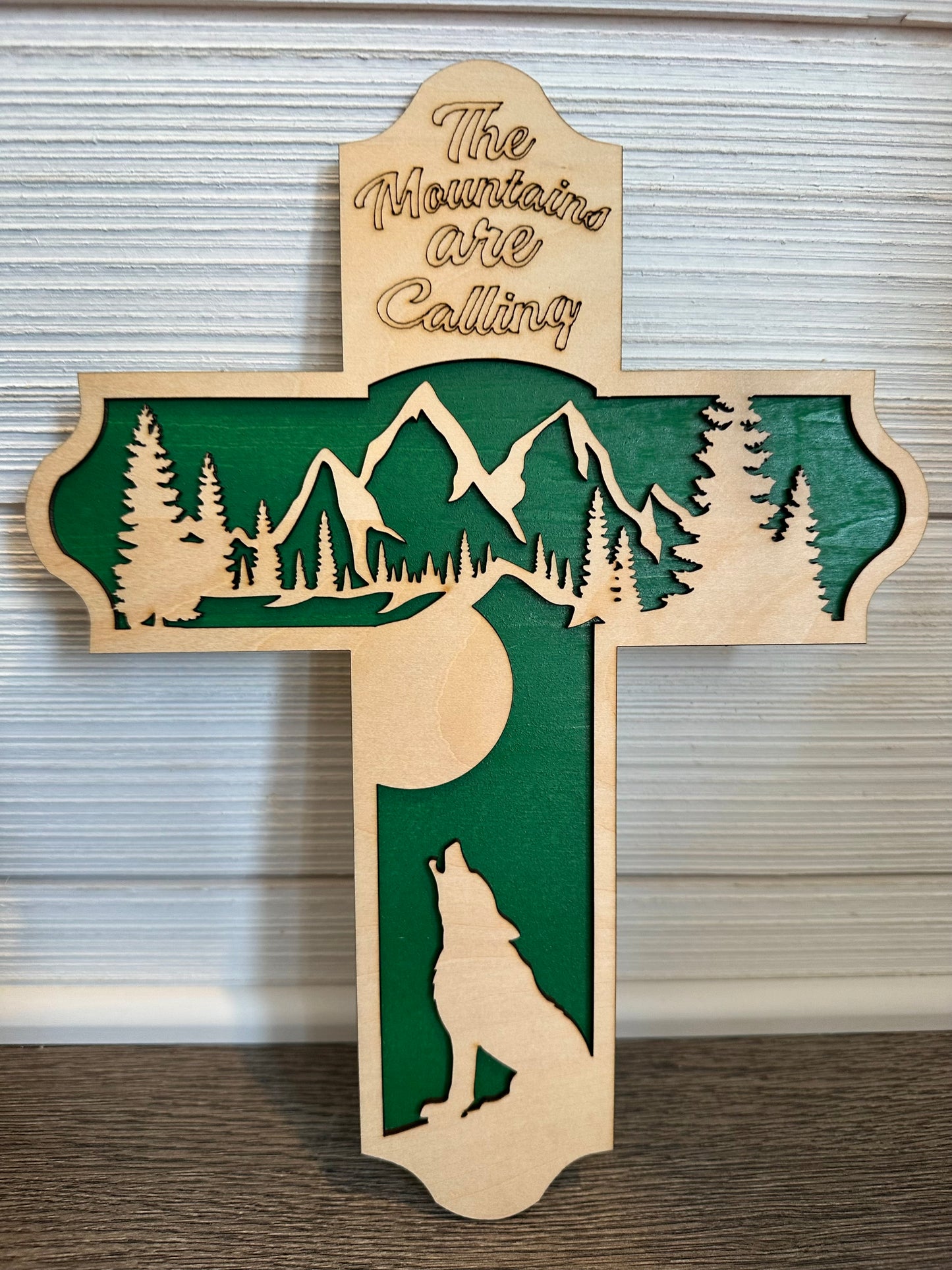 3D Layered and Engraved Wood Cross - Mountains are Calling