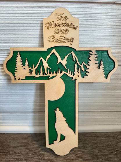 3D Layered and Engraved Wood Cross - Mountains are Calling