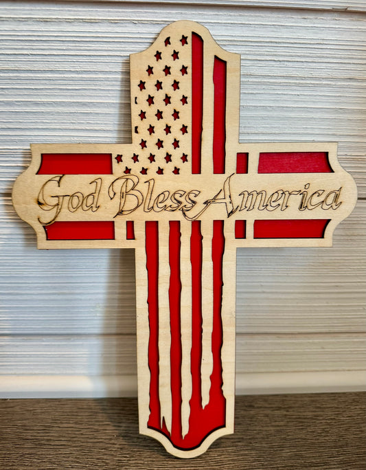 3D Layered and Engraved Wood Cross - God Bless America
