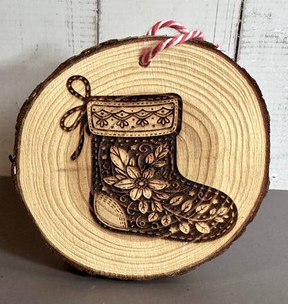 Engraved Live Edge Wooden Round Ornament - Festive Floral Stocking