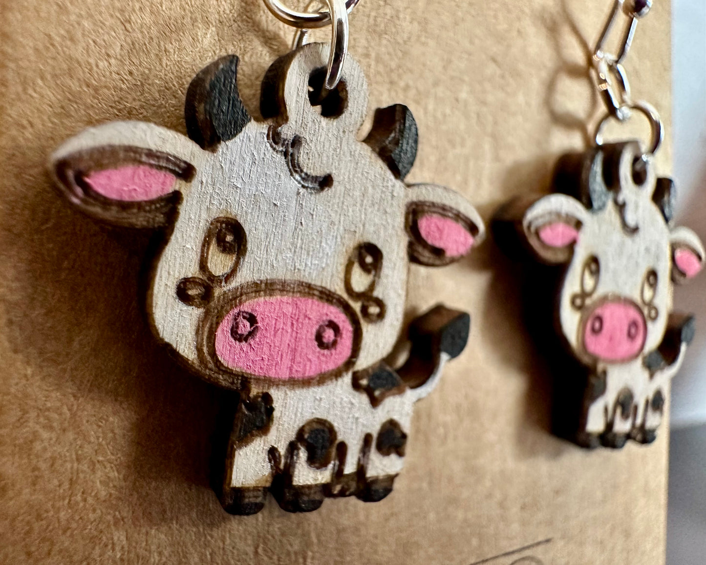 Wooden Engraved Dangle Earrings - Cow