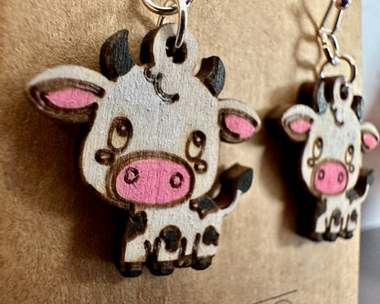 Wooden Engraved Dangle Earrings - Cow