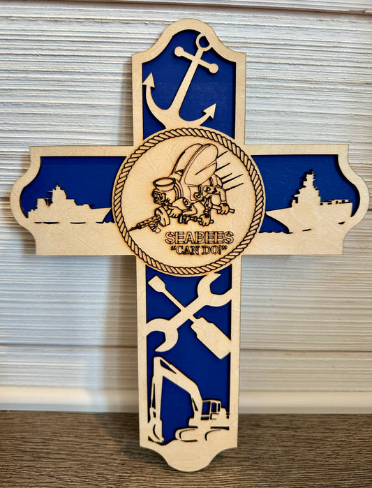 3D Layered and Engraved Wood Cross - Seabees