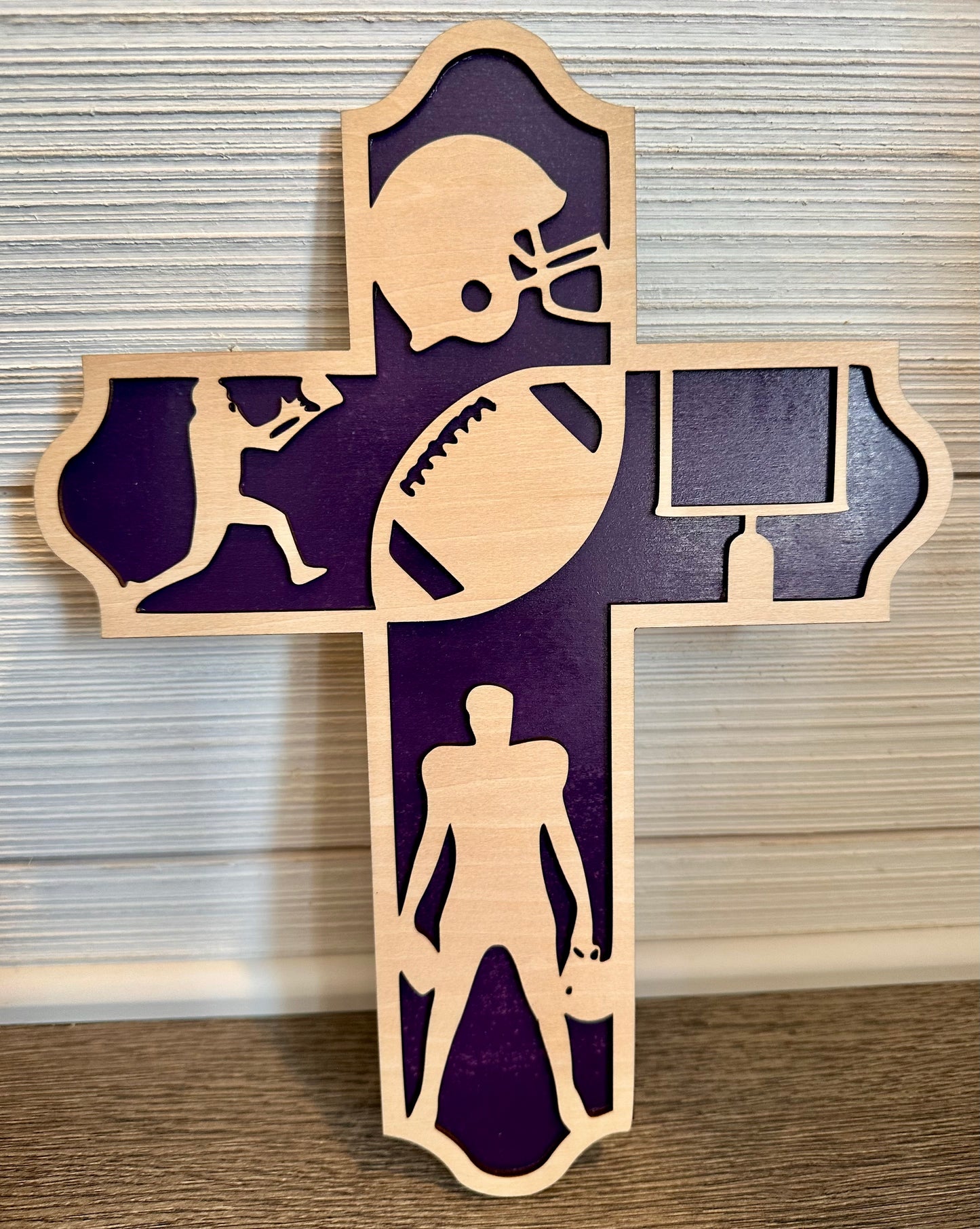 3D Layered and Engraved Wood Cross - Football