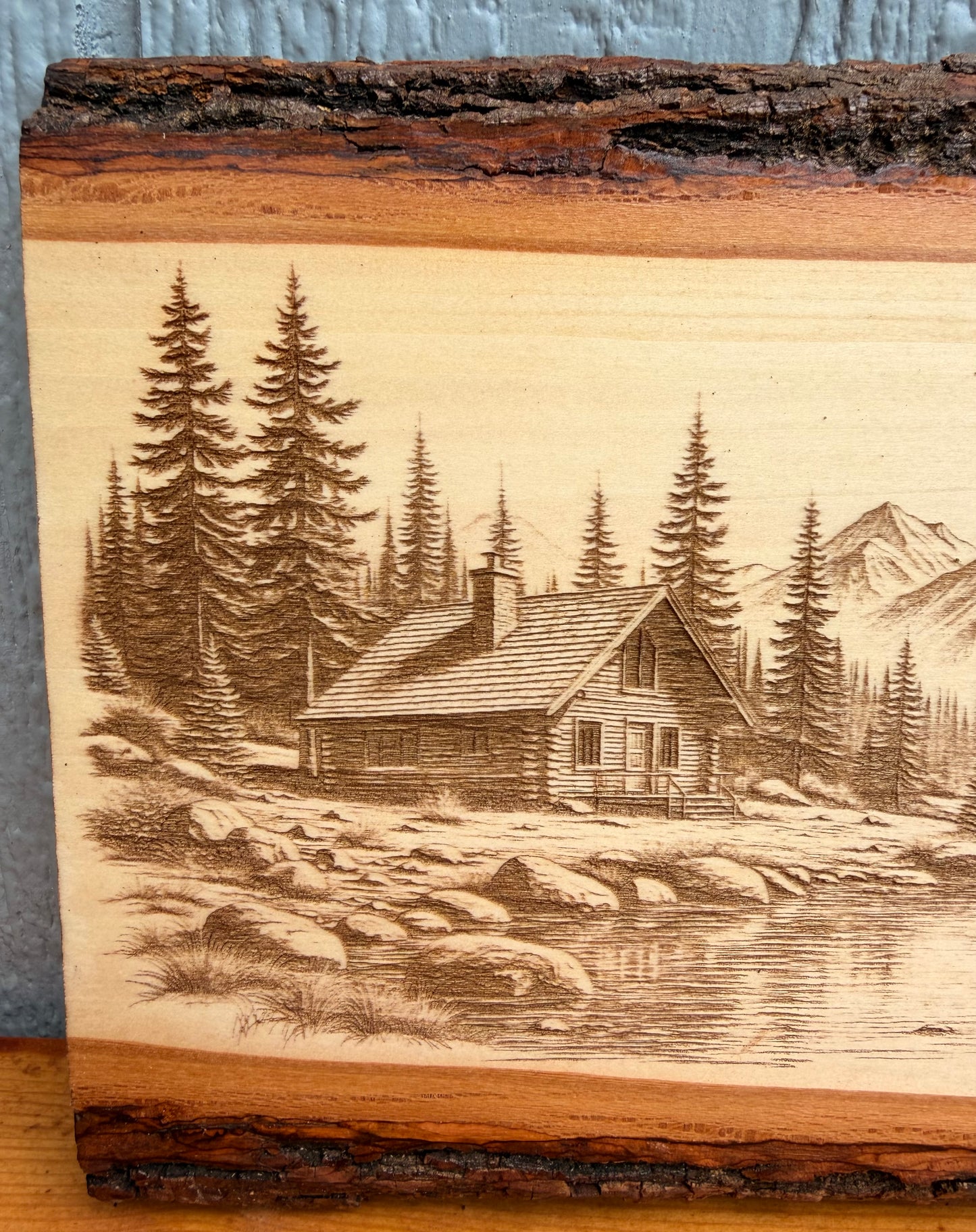 Plaque Live Edge Rectangular - Creekside Log Cabin in the Mountains