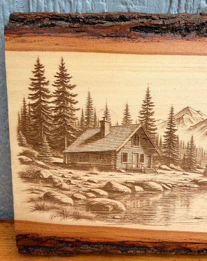 Plaque Live Edge Rectangular - Creekside Log Cabin in the Mountains