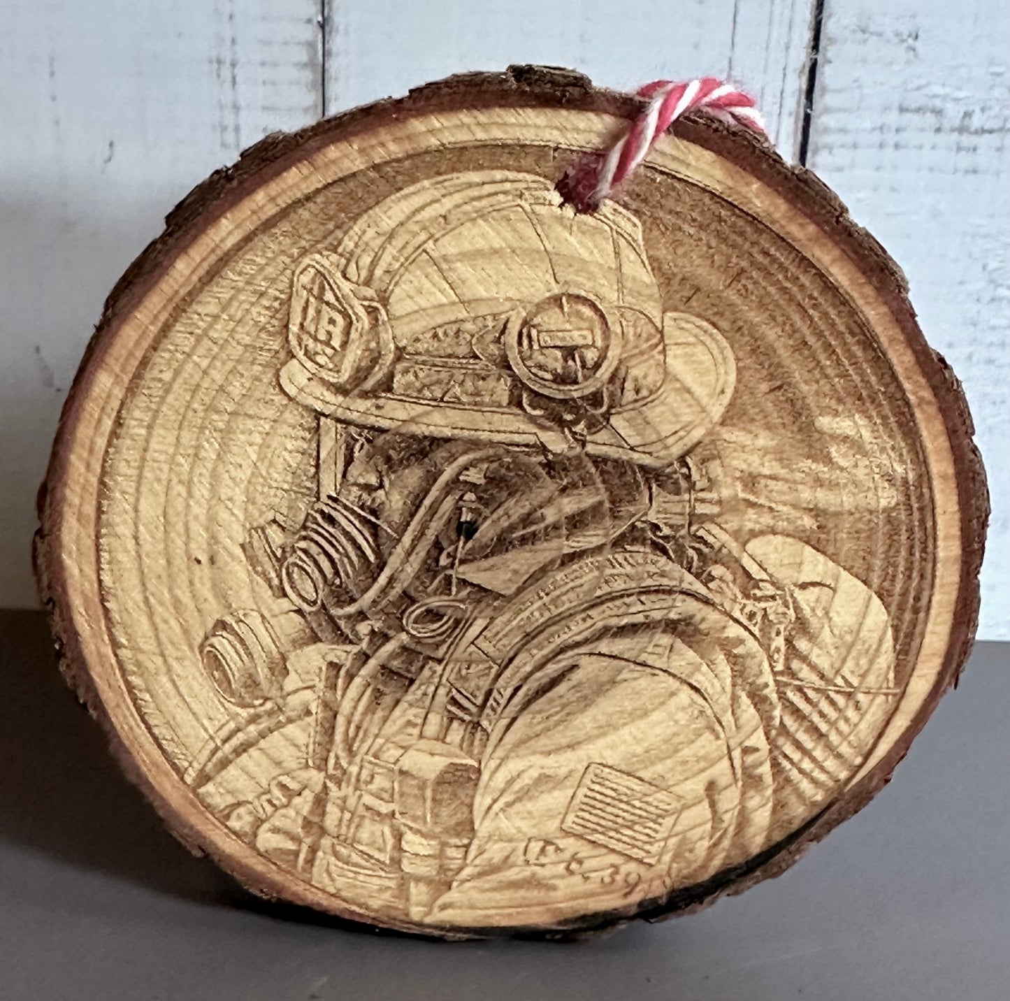 Engraved Live Edge Wooden Round Ornament - Firefighter in Gear