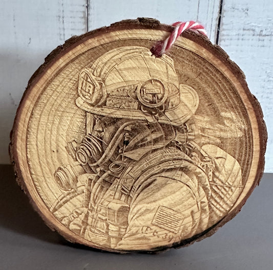Engraved Live Edge Wooden Round Ornament - Firefighter in Gear