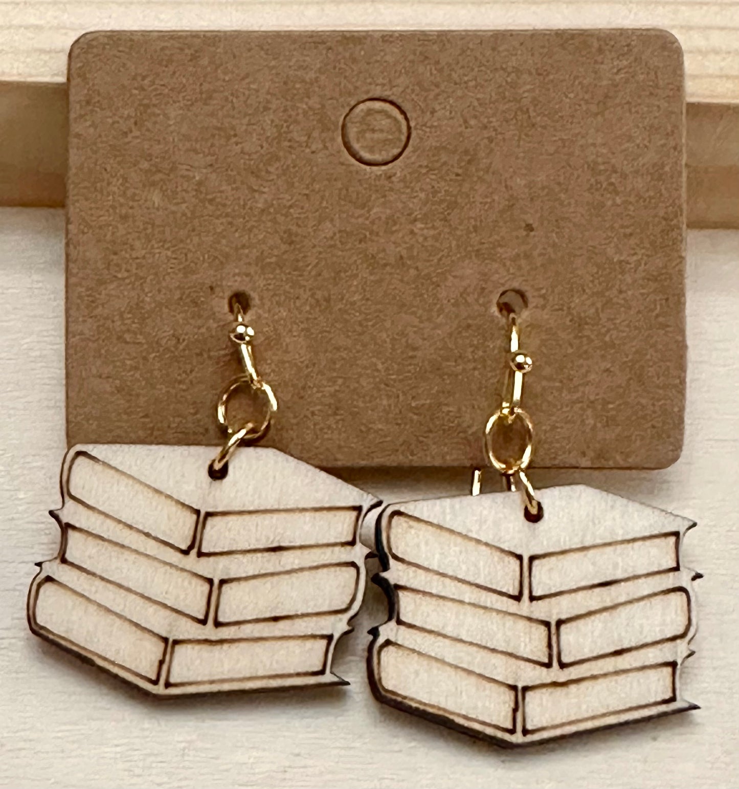 Wooden Engraved Dangle Earrings - Book Stack