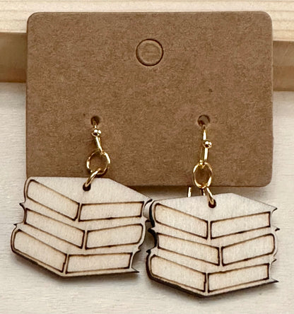 Wooden Engraved Dangle Earrings - Book Stack