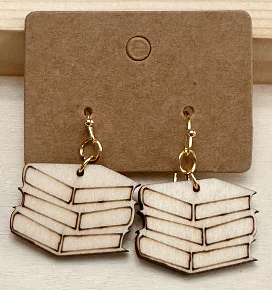 Wooden Engraved Dangle Earrings - Book Stack