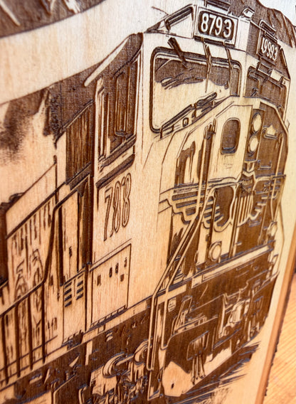 Plaque Live Edge Rectangular - Train 8793 with Flag and Desert Road