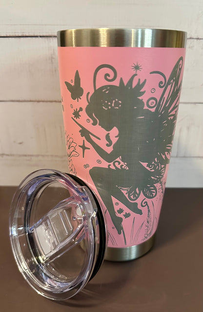 20oz. Insulated Travel Tumbler with Slide Lid - Pink with Fairy and Flowers