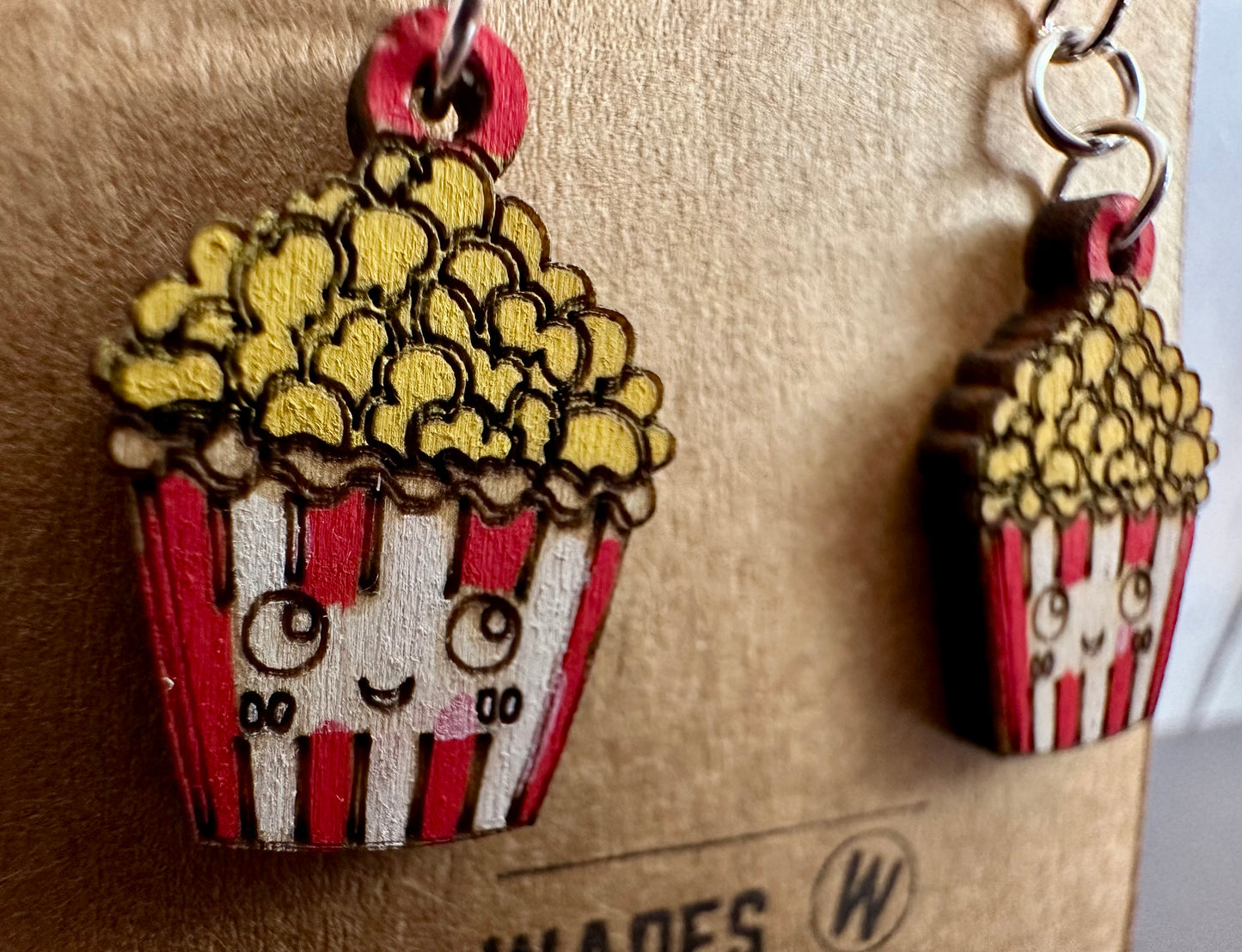 Wooden Engraved Dangle Earrings - Popcorn