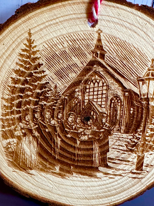 Engraved Live Edge Wooden Round Ornament - Vintage Carolers with Church